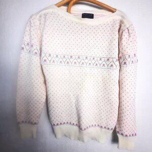 Vintage Knitivo II Knit Sweater, White with Pink flowers, Medium, Granny Cottage